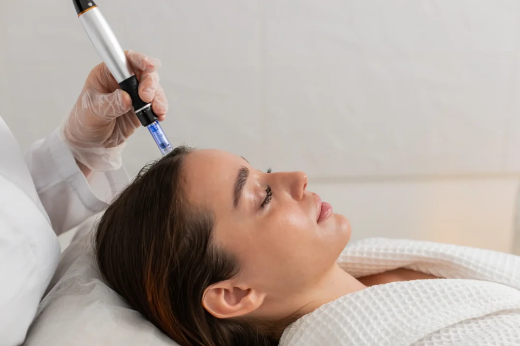 Woman getting microneedling treatment on face
