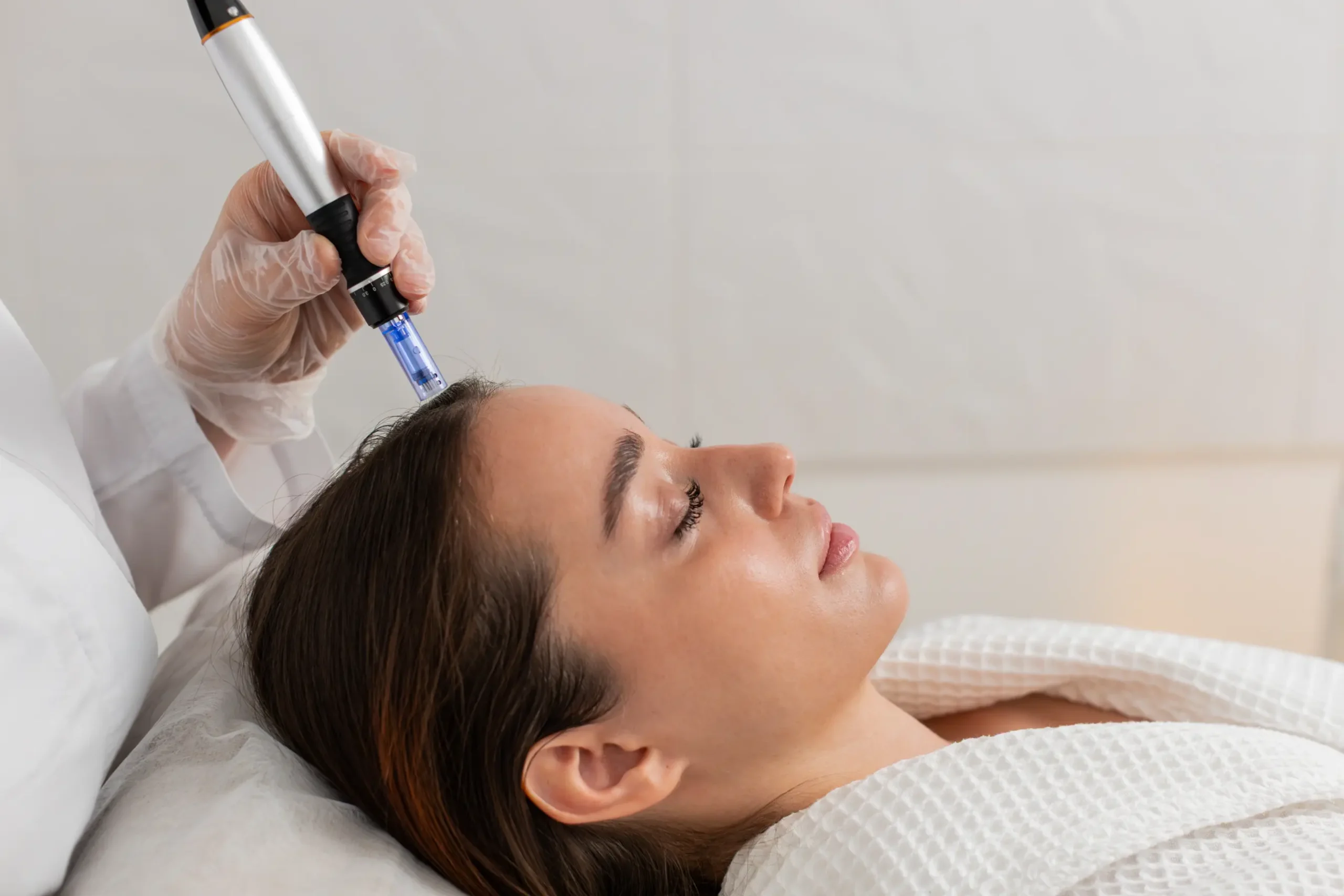 Woman getting microneedling treatment on face