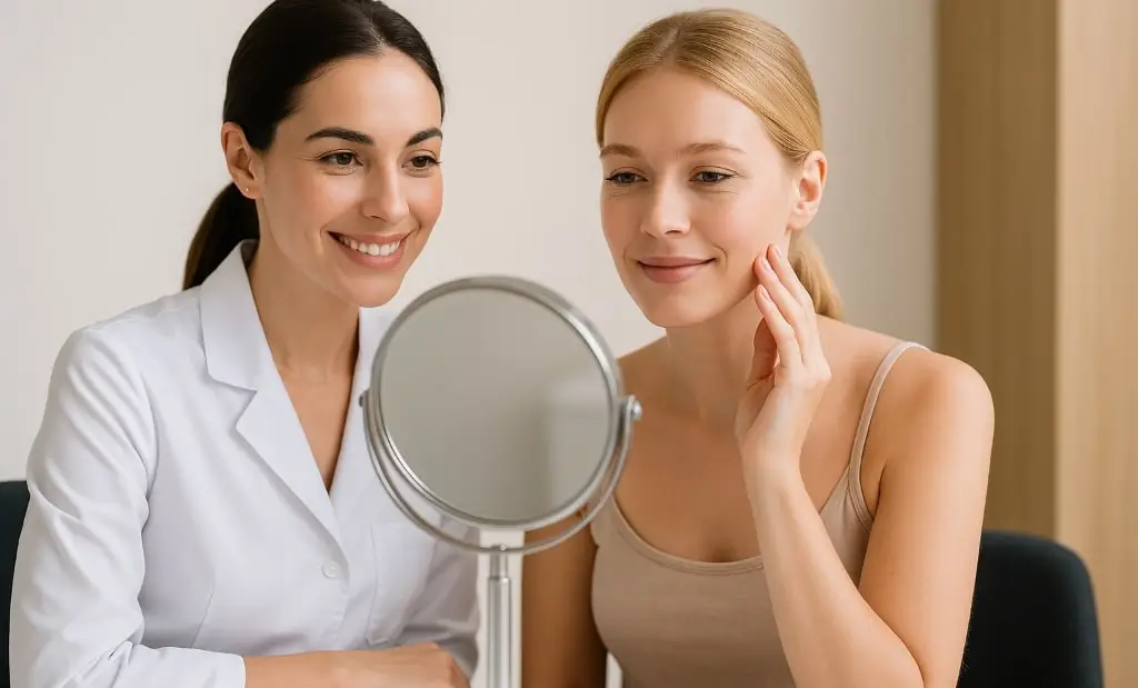 client looking at skin in mirror
